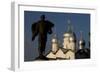 Russia, Veliky Novgorod, Alexander Nevsky Statue and Domes of Church of Saints Boris and Gleb-null-Framed Giclee Print