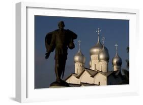 Russia, Veliky Novgorod, Alexander Nevsky Statue and Domes of Church of Saints Boris and Gleb-null-Framed Giclee Print