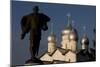 Russia, Veliky Novgorod, Alexander Nevsky Statue and Domes of Church of Saints Boris and Gleb-null-Mounted Giclee Print