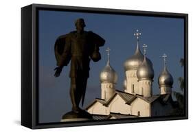 Russia, Veliky Novgorod, Alexander Nevsky Statue and Domes of Church of Saints Boris and Gleb-null-Framed Stretched Canvas
