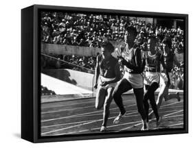 Russian Runner, Irina Press with Us Sprinter Wilma Rudolph in Women's Relay Race at Olympics-George Silk-Framed Stretched Canvas