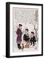 Russian Soldiers and a Rooster around a Campfire, Japanese Wood-Cut Print-Lantern Press-Framed Art Print