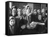 Russian Woman Grimly Holding a Slab of Meat as Other Peasant Women Staunchly Stand by in Siberia-Margaret Bourke-White-Framed Stretched Canvas