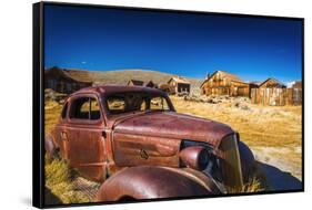 Rusted car and buildings, Bodie State Historic Park, California, USA-Russ Bishop-Framed Stretched Canvas