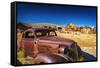 Rusted car and buildings, Bodie State Historic Park, California, USA-Russ Bishop-Framed Stretched Canvas