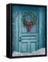 Rustic Barn Door with Christmas Wreath-Sandra Cunningham-Framed Stretched Canvas