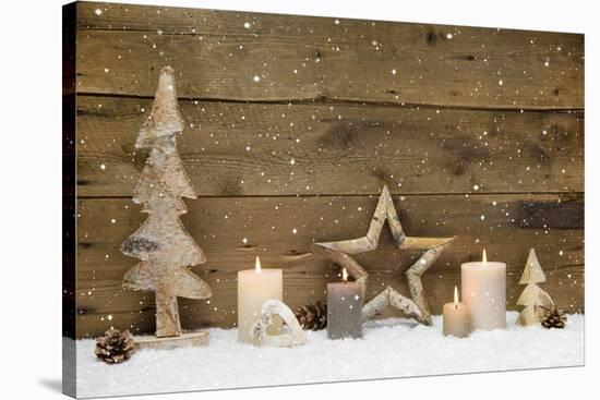 Rustic Country Background - Wood - with Candles and Snowflakes for Christmas-Imagesbavaria-Stretched Canvas