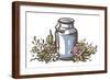 Rustic Handsketched Illustration of Milk Can and Flowers, Country Style Vector Sketch. Fresh Dairy-Elena Paletskaya-Framed Art Print