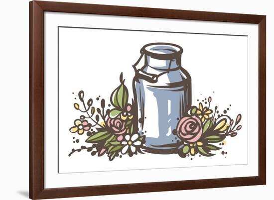 Rustic Handsketched Illustration of Milk Can and Flowers, Country Style Vector Sketch. Fresh Dairy-Elena Paletskaya-Framed Art Print