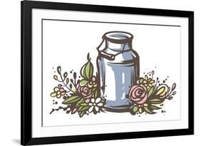 Rustic Handsketched Illustration of Milk Can and Flowers, Country Style Vector Sketch. Fresh Dairy-Elena Paletskaya-Framed Art Print