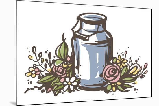 Rustic Handsketched Illustration of Milk Can and Flowers, Country Style Vector Sketch. Fresh Dairy-Elena Paletskaya-Mounted Art Print