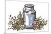 Rustic Handsketched Illustration of Milk Can and Flowers, Country Style Vector Sketch. Fresh Dairy-Elena Paletskaya-Mounted Art Print