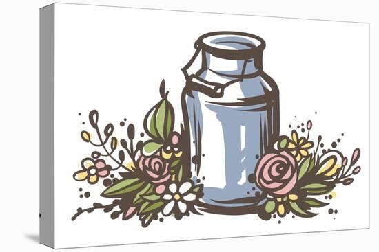 Rustic Handsketched Illustration of Milk Can and Flowers, Country Style Vector Sketch. Fresh Dairy-Elena Paletskaya-Stretched Canvas