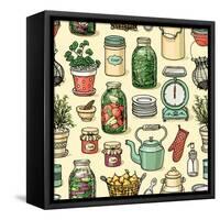 Rustic Kitchen Vector Seamless Pattern. Colorful Cooking Items Background. Hand-Drawn Kitchenware T-schiva-Framed Stretched Canvas