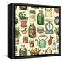 Rustic Kitchen Vector Seamless Pattern. Colorful Cooking Items Background. Hand-Drawn Kitchenware T-schiva-Framed Stretched Canvas