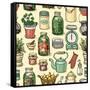 Rustic Kitchen Vector Seamless Pattern. Colorful Cooking Items Background. Hand-Drawn Kitchenware T-schiva-Framed Stretched Canvas