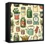 Rustic Kitchen Vector Seamless Pattern. Colorful Cooking Items Background. Hand-Drawn Kitchenware T-schiva-Framed Stretched Canvas