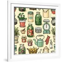 Rustic Kitchen Vector Seamless Pattern. Colorful Cooking Items Background. Hand-Drawn Kitchenware T-schiva-Framed Art Print
