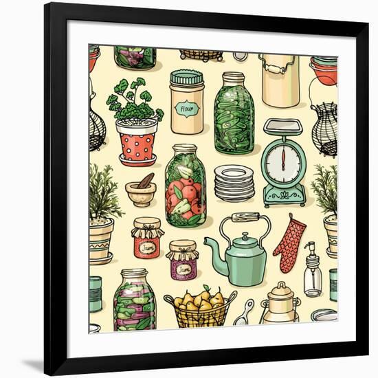 Rustic Kitchen Vector Seamless Pattern. Colorful Cooking Items Background. Hand-Drawn Kitchenware T-schiva-Framed Art Print