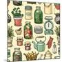 Rustic Kitchen Vector Seamless Pattern. Colorful Cooking Items Background. Hand-Drawn Kitchenware T-schiva-Mounted Art Print