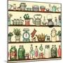 Rustic Kitchen Vector Seamless Pattern. Colorful Cooking Items Background. Side View Kitchen Shelve-schiva-Mounted Art Print