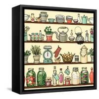 Rustic Kitchen Vector Seamless Pattern. Colorful Cooking Items Background. Side View Kitchen Shelve-schiva-Framed Stretched Canvas