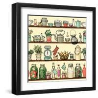 Rustic Kitchen Vector Seamless Pattern. Colorful Cooking Items Background. Side View Kitchen Shelve-schiva-Framed Art Print