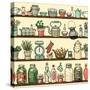 Rustic Kitchen Vector Seamless Pattern. Colorful Cooking Items Background. Side View Kitchen Shelve-schiva-Stretched Canvas