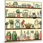 Rustic Kitchen Vector Seamless Pattern. Colorful Cooking Items Background. Side View Kitchen Shelve-schiva-Mounted Art Print