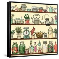 Rustic Kitchen Vector Seamless Pattern. Colorful Cooking Items Background. Side View Kitchen Shelve-schiva-Framed Stretched Canvas