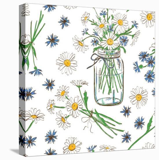 Rustic Seamless Pattern with Chamomile, Cornflowers and Mason Jar-Annykos-Stretched Canvas