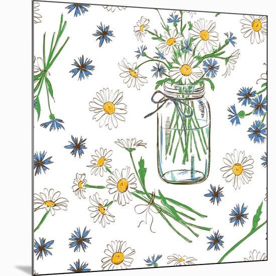 Rustic Seamless Pattern with Chamomile, Cornflowers and Mason Jar-Annykos-Mounted Art Print