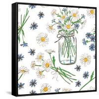 Rustic Seamless Pattern with Chamomile, Cornflowers and Mason Jar-Annykos-Framed Stretched Canvas