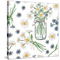 Rustic Seamless Pattern with Chamomile, Cornflowers and Mason Jar-Annykos-Stretched Canvas