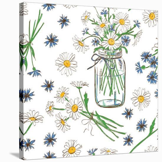 Rustic Seamless Pattern with Chamomile, Cornflowers and Mason Jar-Annykos-Stretched Canvas