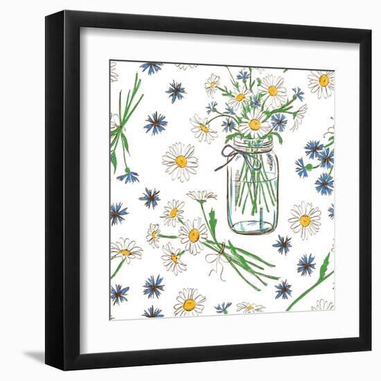 Rustic Seamless Pattern with Chamomile, Cornflowers and Mason Jar-Annykos-Framed Art Print