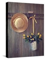 Rustic Shed Door with Hanging Straw Hat and Bucket of Yellow Roses-Chris_Elwell-Stretched Canvas