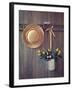 Rustic Shed Door with Hanging Straw Hat and Bucket of Yellow Roses-Chris_Elwell-Framed Photographic Print