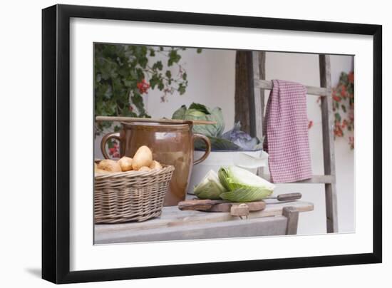 Rustic Still Life with Potatoes and Cabbage in Front of Farmhouse-Eising Studio - Food Photo and Video-Framed Photographic Print