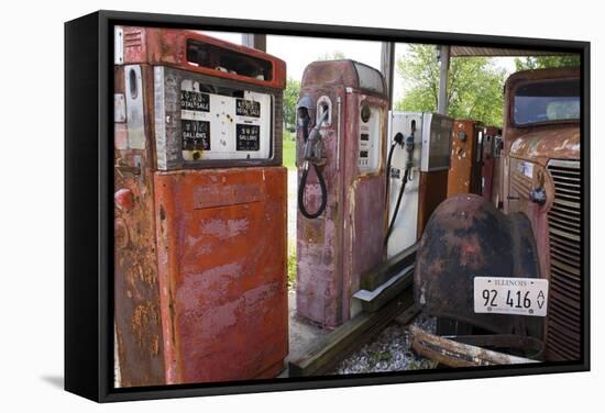 Rusty Gas Pumps And Car-Mark Williamson-Framed Stretched Canvas