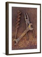 Rusty Old Double-headed Spanner Lying Next To Large Drill Bit And Rusty Pliers On Rusty Metal Sheet-Den Reader-Framed Photographic Print