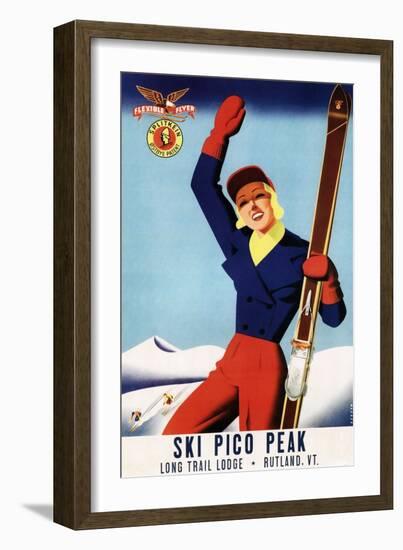 Rutland, Vermont - Flexible Flyer Pin-Up Skiing Girl Promotional Poster-Lantern Press-Framed Art Print