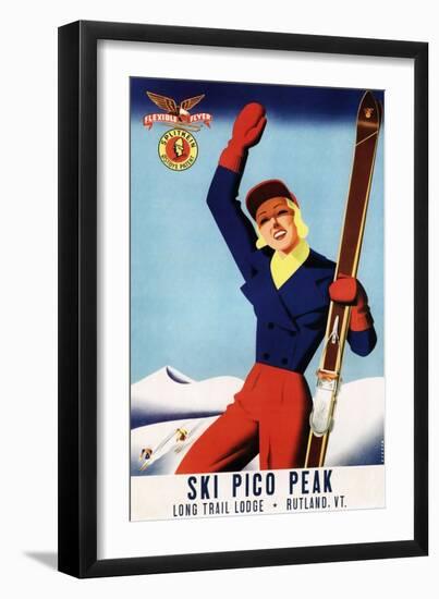 Rutland, Vermont - Flexible Flyer Pin-Up Skiing Girl Promotional Poster-Lantern Press-Framed Art Print