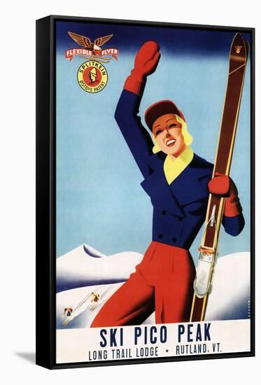 Rutland, Vermont - Flexible Flyer Pin-Up Skiing Girl Promotional Poster-Lantern Press-Framed Stretched Canvas