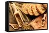 Rye Spikelets and Bread on Wooden Background-haveseen-Framed Stretched Canvas