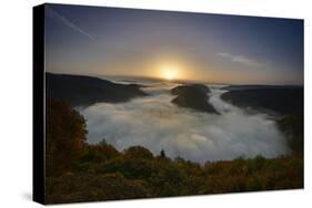 Saar River Loop, Fog, Sunrise, Orscholz, View from Cloef, Saarland, Germany-Ronald Wittek-Stretched Canvas