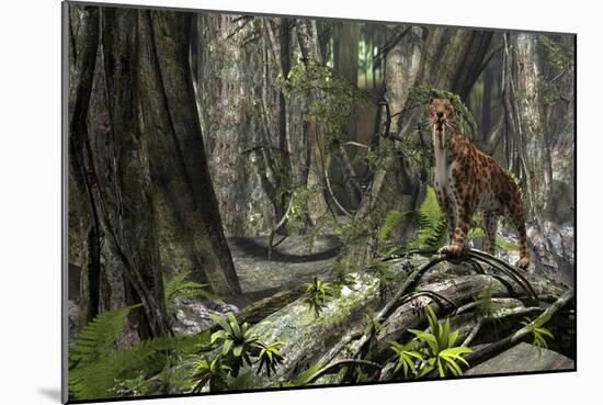 Saber-Toothed Tiger in a Prehistoric Forest-null-Mounted Art Print
