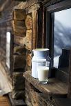 Milk Can and Glass of Milk on Window Sill of Alpine Chalet-Sabine Mader-Stretched Canvas