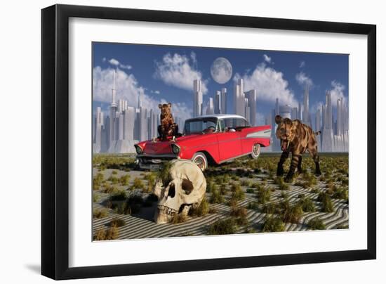 Sabre-Toothed Tigers Find a 1950's American Chevrolet and Signs of Civilization-null-Framed Art Print