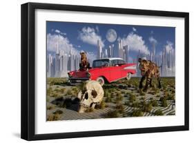 Sabre-Toothed Tigers Find a 1950's American Chevrolet and Signs of Civilization-null-Framed Art Print
